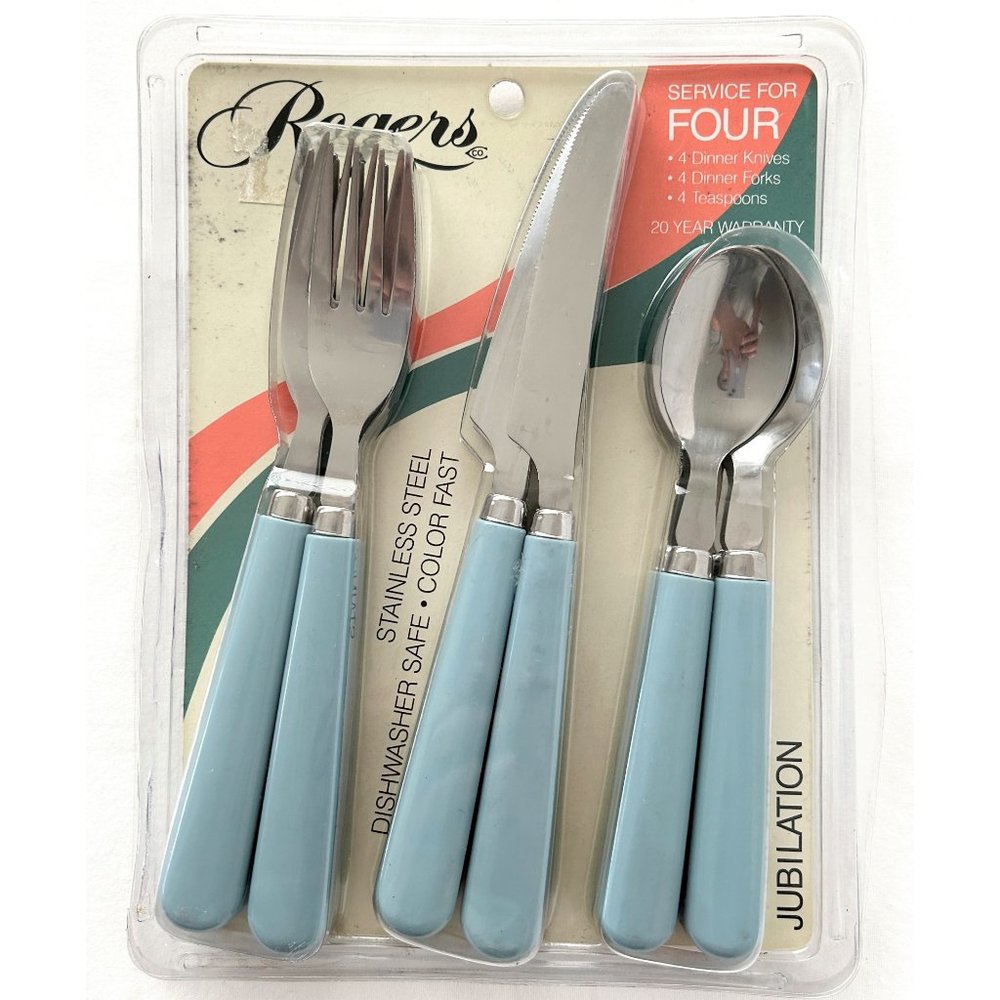NEW Rogers Co Stanley Roberts Flatware Set JUBILATION Blue Handles 12 Pc Service